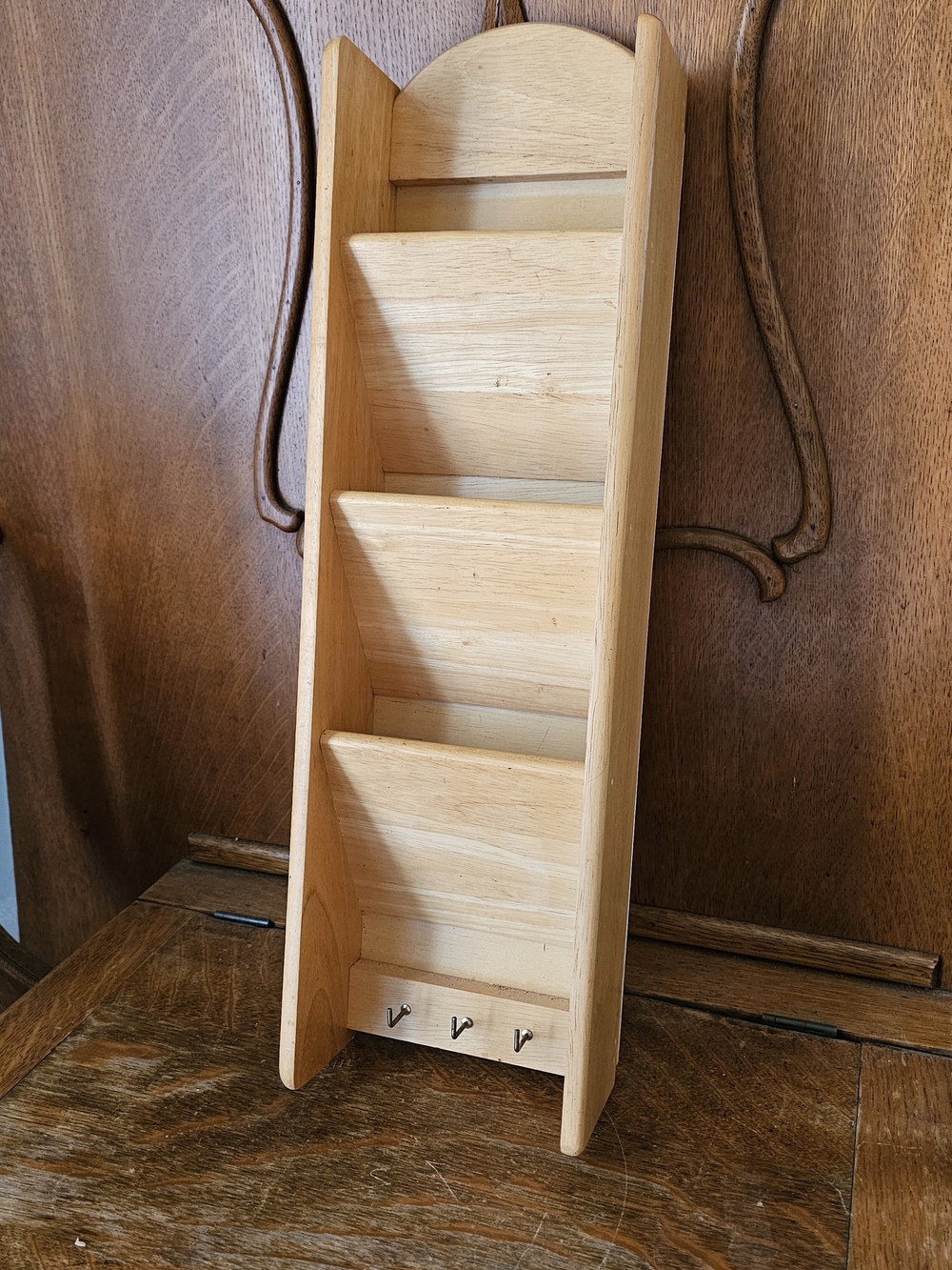 Vintage Farmhouse Wooden Wall Mail Organizer with Key Hooks | Made in Thailand